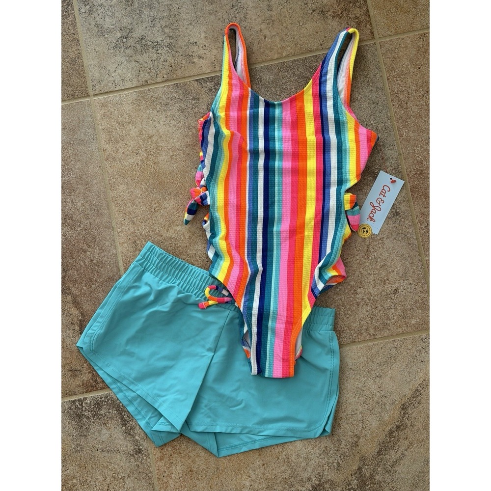 Cat & Jack Girl's Playa Multi-Striped One Piece Swimsuit Set Size S (6/7) NWT